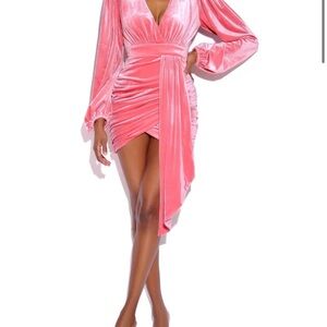 MISS CIRCLE Pink Velvet Ruched Draped Long Sleeve Mini Dress L